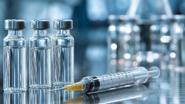 Medical vials and syringe on laboratory table, showing pharmaceutical preparation, injection therapy, and clinical drug production