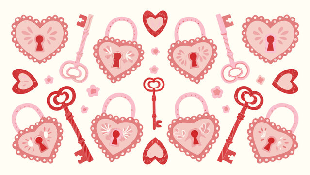 vector heart lock and key pattern, pink and red romantic design elements, for Valentine's Day background or overlay effect