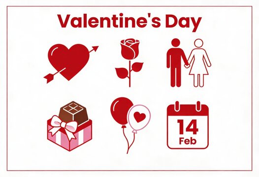 Celebrating Valentine's Day with love symbols including hearts, roses, chocolates, balloons, lovebirds, and memorable dates to evoke emotional connections and romantic gestures