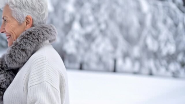 Seniorin wandert durch den Schnee