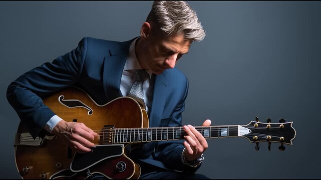 A professional musician in a suit passionately playing a jazz guitar against a simple background.