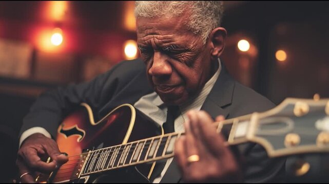 A skilled musician passionately playing guitar in a dimly lit bar setting, showcasing the art of live performance.