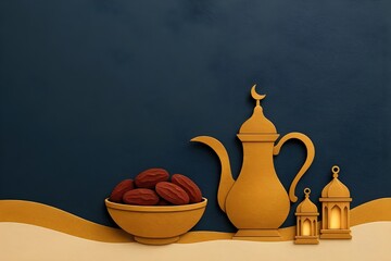 3D Papercut Iftar Background with Dates and Arabic Coffee Pot