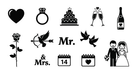 Fototapeta premium Collection of wedding icons and symbols in black and white
