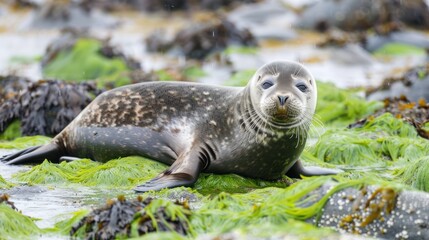 Naklejka premium Seal Pup Resting on Green Seaweed in Coastal Environment