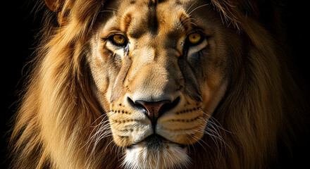 Fototapeta premium Powerful lion portrait with hyper-realistic golden mane and intense eyes in dramatic lighting. 