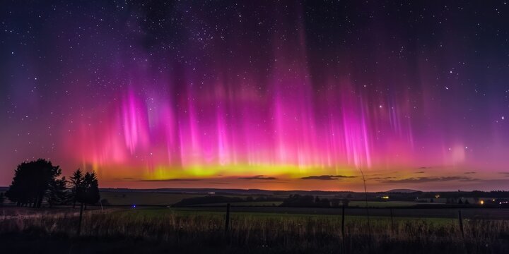 pink red yellow aurora borealis boom on the sky