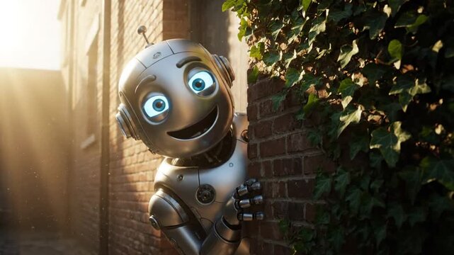 Cute robot peeks from behind a brick wall with ivy, smiling and observing in a sunny urban setting