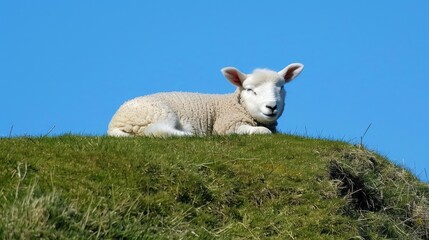 Fototapeta premium Sheep Lamb Resting on Green Hill Under Bright Blue Sky