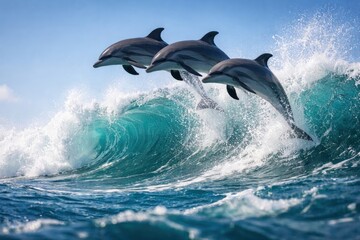 Naklejka premium Three dolphins leaping from ocean wave into blue sky with white clouds and bright sunshine