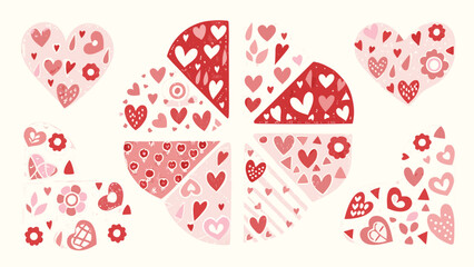 Naklejka premium Whimsical love sticker bundle, pink romantic hand drawn doodles featuring cherub, hearts, wedding bows and February holiday themed illustrations.