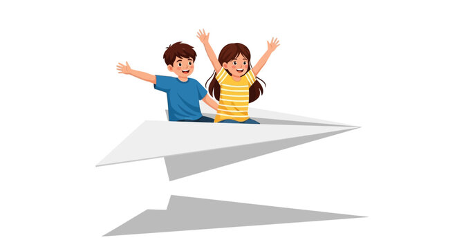 Two happy children sitting on a flying paper airplane with outstretched arms against a clean white background.