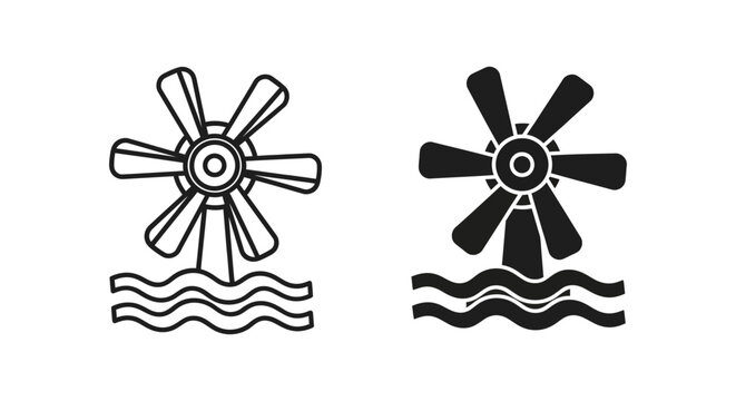 Water wheel turbine icon in waves, representing hydropower, renewable energy, and water flow.