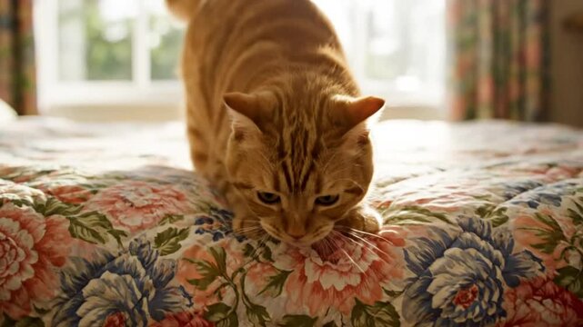 Cute ginger tabby cat meowing while exploring a floral patterned bed in bright natural light