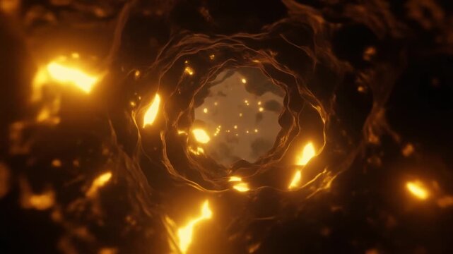 Cellular Autophagy Process Illustrated as Swirling Firefly Lights in Deep Fluid Space