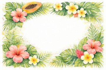 Obraz premium Tropical border with hibiscus flowers, palm leaves, plumeria, and papaya fruit