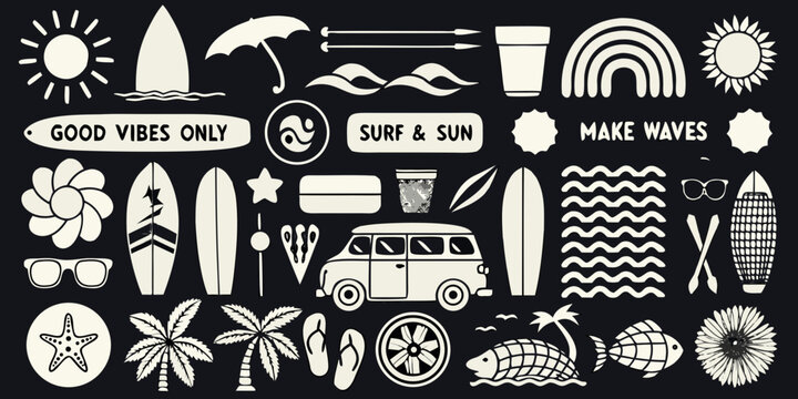 Summer aesthetic collection featuring surfboards sun and tropical elements in white