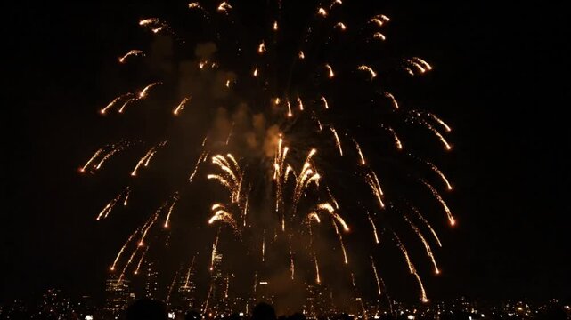 Bright golden fireworks exploding over a city skyline at night creating a beautiful display for celebrations.