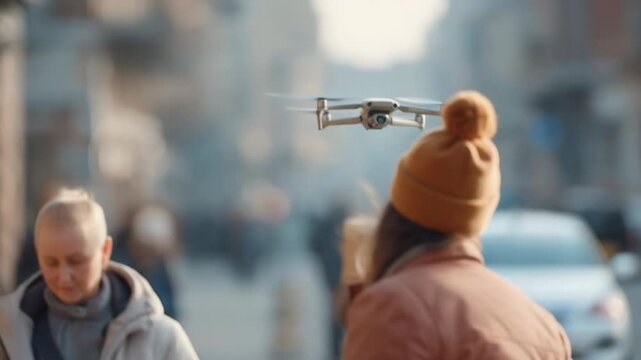 Drone delivery hands off wrapped parcel to customer on busy city street then flies away