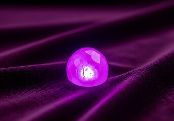 Glowing Magenta Gemstone Resting on Luxurious Deep Purple Velvet Fabric