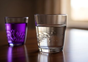 Two Drinking Glasses Side by Side One with Clear Liquid and One with Vibrant Purple Beverage