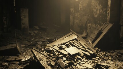 Makeshift barrier formed from scrap metal fragments in a dark and dusty ruined building interior