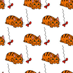Seamless pattern with doodle orange cats and a red bow on white background.eps
