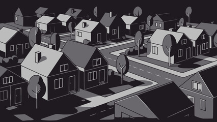 Monochrome suburban neighborhood with houses and trees