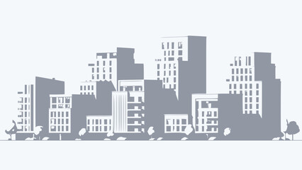 Modern city skyline with tall buildings and trees