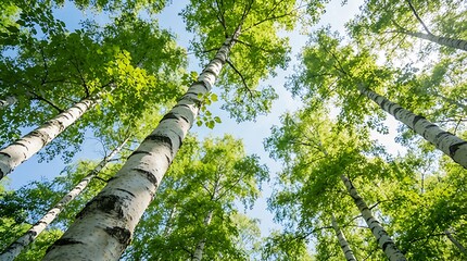 Fototapeta premium Tall trees with green leaves against a clear blue sky.