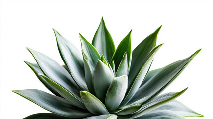 Fototapeta premium A stunning close-up shot showcases the intricate, pointed leaves of an agave plant, their pale green hues beautifully contrasted against a pristine white background.