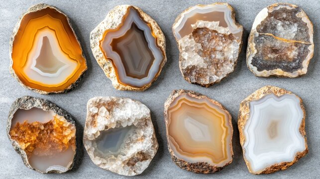 Polished agate slices showcasing natural quartz crystal formations and intricate banded patterns in a close up display