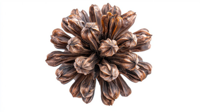 Detailed studio shot of a dried Sweetgum seed pod with its intricate, textured surface and natural brown tones set against a clean, stark white backdrop.