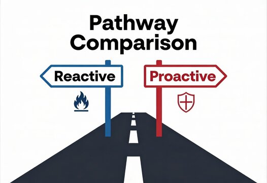 Pathway Comparison of Reactive and Proactive Approaches in Strategy Development Highlighting Essential Decisions and Future Readiness captured with clarity