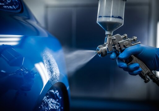 Macro Automotive Spray Gun | Professional Electric Blue Car Paint Application