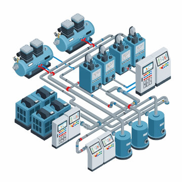 Isometric Industrial HVAC and Refrigeration System Diagram.