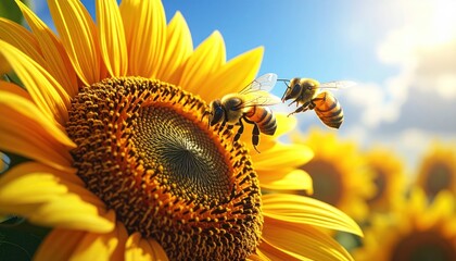 Naklejka premium Bees Pollinating Sunflowers in a Sunny Field - A Vibrant Scene.