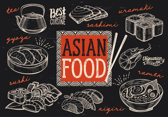 Asian food collection with traditional dishes like sushi, sashimi, ramen, and gyoza, hand-drawn vintage style