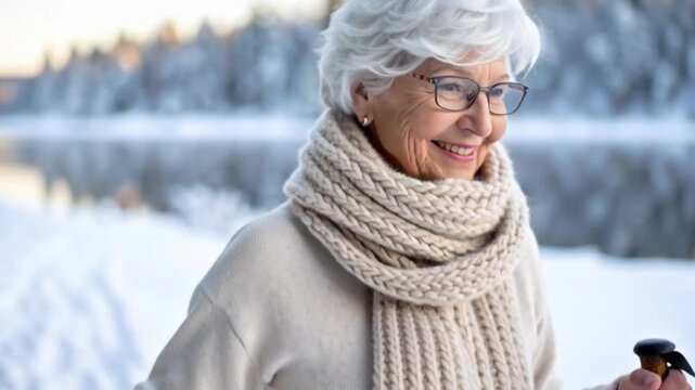 Seniorin wandert durch den Schnee