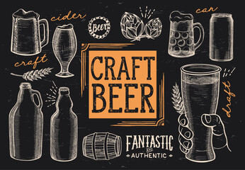 Craft beer collection featuring hand drawn bottles mugs and brewery elements on dark background