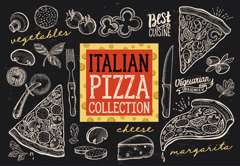 Italian pizza collection with hand drawn slices toppings and cheese on chalkboard background