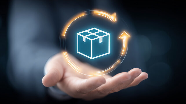 Hand presenting a package icon with circular arrows symbolizing reverse logistics product returns and circular supply chain management.
