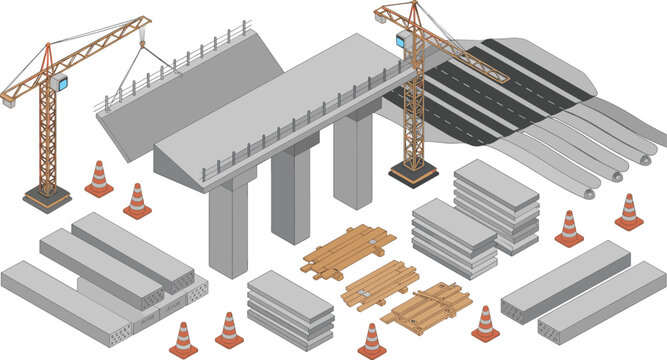 Isometric bridge construction site, concrete segments, cranes, road panels, safety cones and infrastructure elements illustration