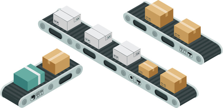 Isometric conveyor belt with boxes, warehouse logistics system, package sorting line, industrial automation illustration