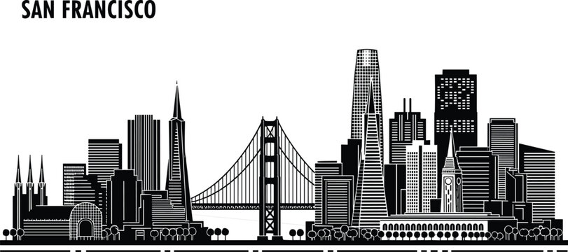 WebSan Francisco California City Skyline Silhouette Vector Illustration Featuring Golden Gate Bridge Transamerica Pyramid Salesforce Tower and Iconic Urban Landmarks on White Background