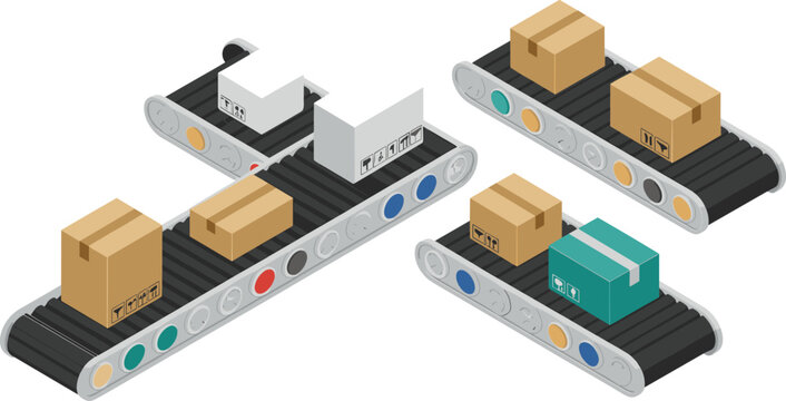 Isometric conveyor belts with cardboard boxes, warehouse package sorting system, logistics automation, industrial transport illustration