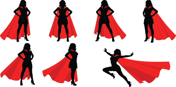 WebSet of black silhouettes of a superwoman wearing a red cape in various powerful poses and flying, minimalist female superhero vector illustration for girl power