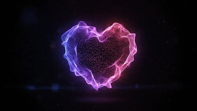 Abstract heart shape formed from glowing particles with space background for love, romance, and digital concepts.