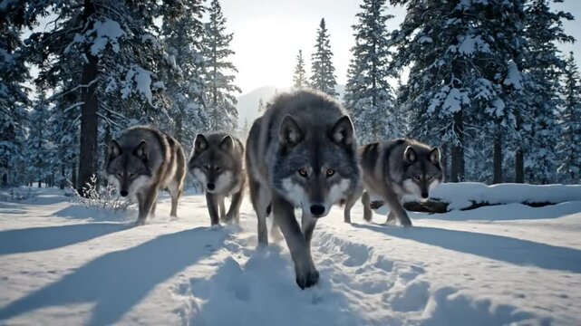 Magnificent pack of gray wolves gracefully navigating a snowy forest during a crisp winter day, focused straight ahead.