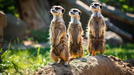 Fototapeta premium Three Meerkats Standing Upright on Rock in Sunny Natural Environment